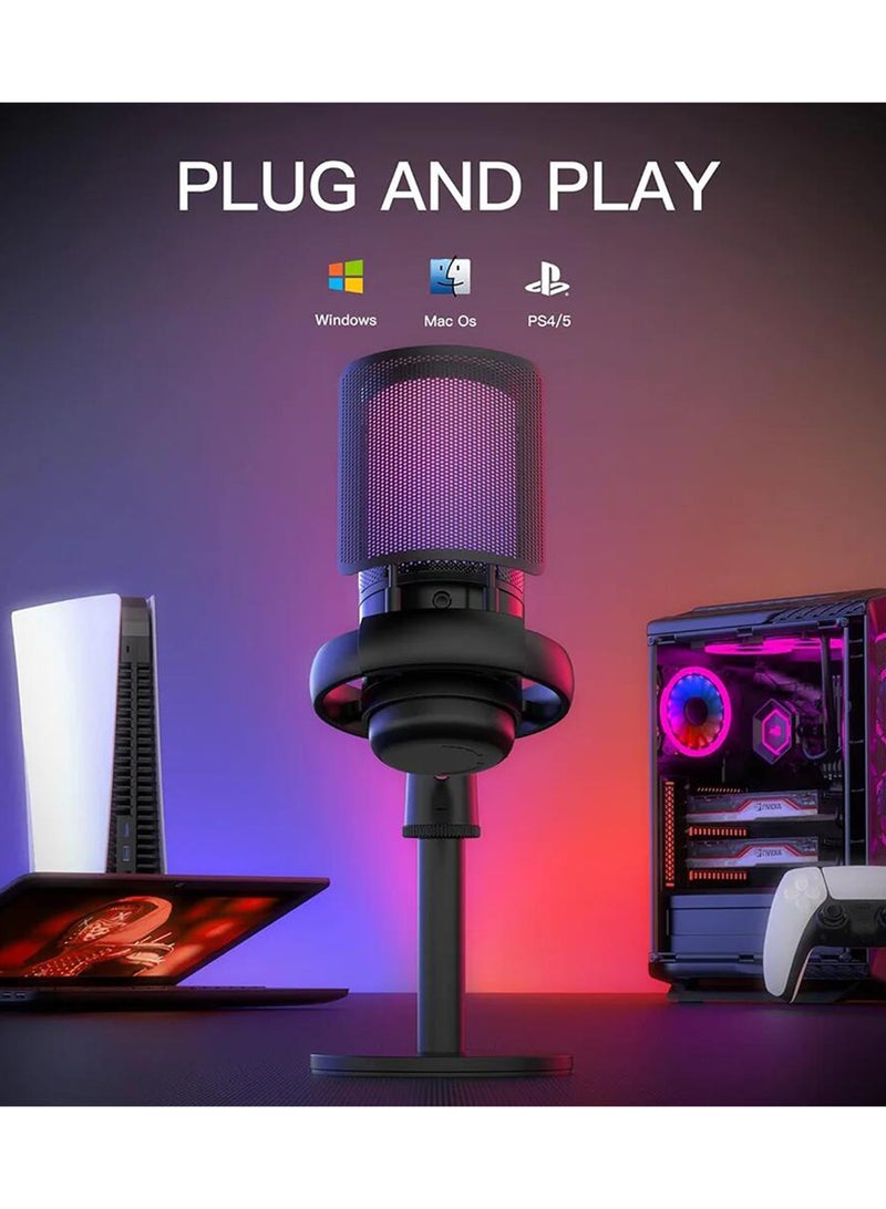 Gaming Microphone For PC Computer Gaming USB Mic For Mac PS4 PS5 Condenser Mic With Quick Mute RGB Control For Recording Streaming Podcasting Twitch Snapchat Podcasts Videos