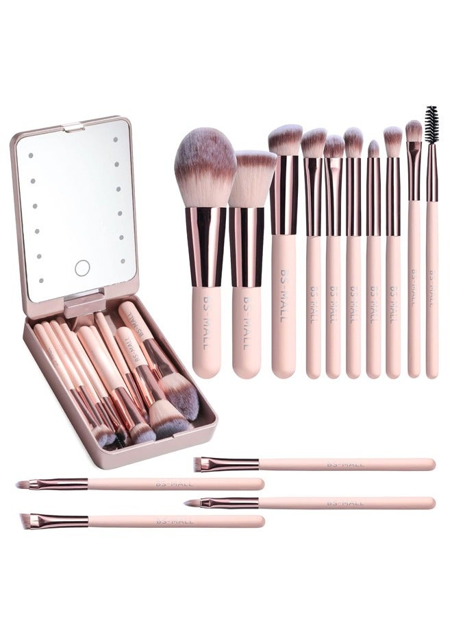 Makeup Brush Set Foundation Powder Concealers Eye Shadows Makeup Set with LED light Mirror 14 Pcs Pink