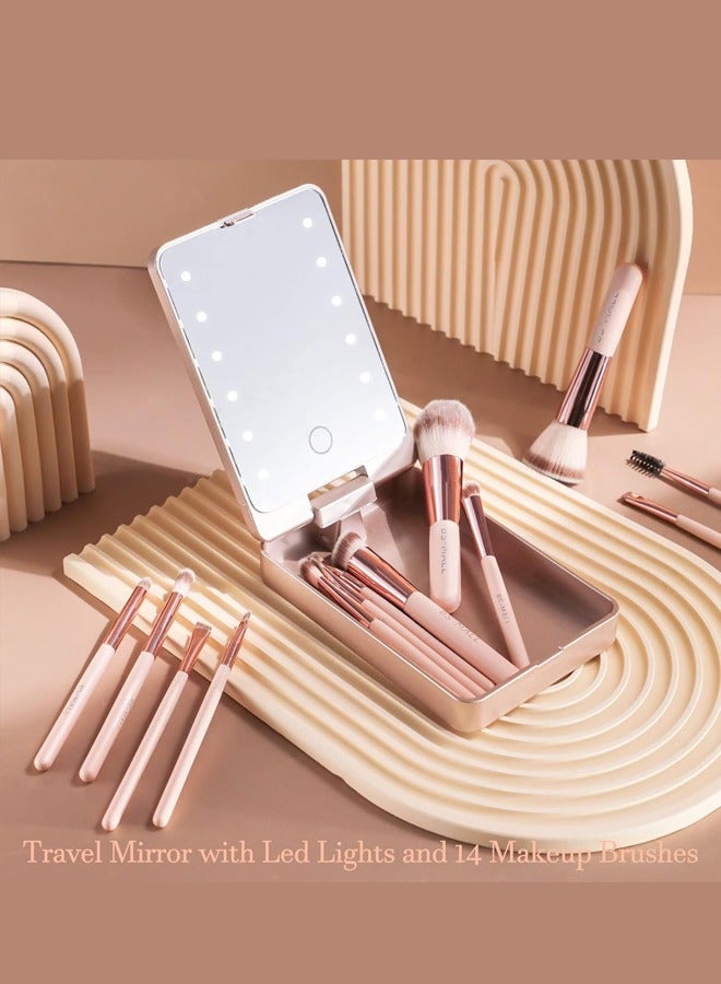 Makeup Brush Set Foundation Powder Concealers Eye Shadows Makeup Set with LED light Mirror 14 Pcs Pink