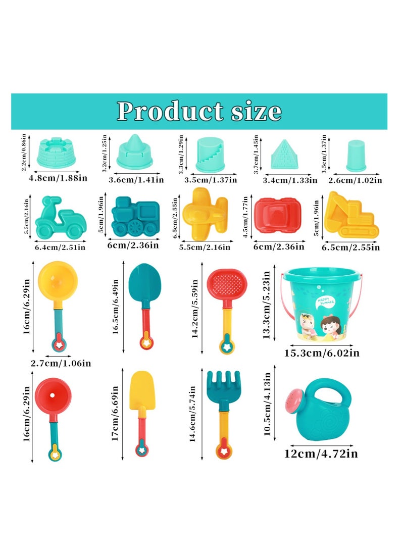 Beach Toys Set for Kids, 18 Pcs Sand Toys with Buckets, Watering Cans, Shovels, Rakes, Castle, Digger, Car Molds and Reusable Mesh Bag, Outdoor Fun Sand Tools for Toddler Children Boys Girls