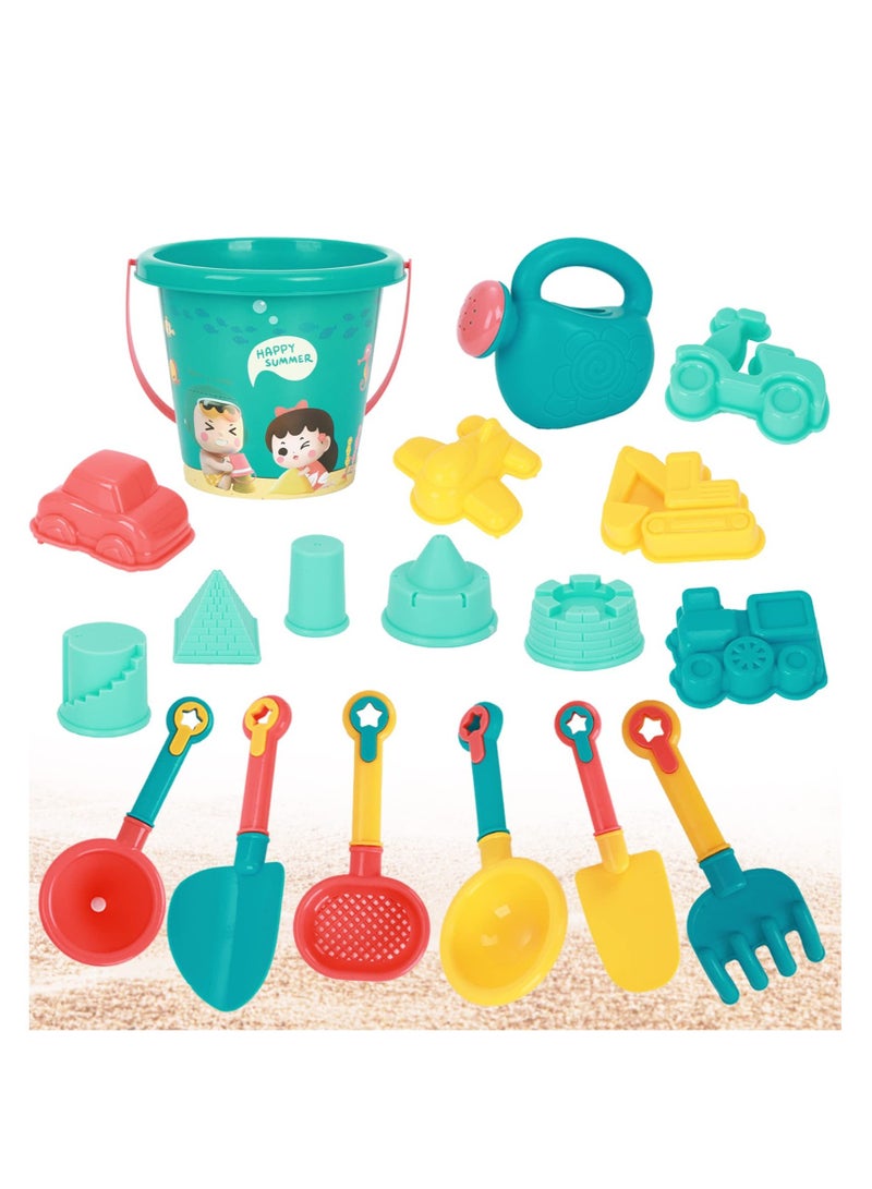 Beach Toys Set for Kids, 18 Pcs Sand Toys with Buckets, Watering Cans, Shovels, Rakes, Castle, Digger, Car Molds and Reusable Mesh Bag, Outdoor Fun Sand Tools for Toddler Children Boys Girls