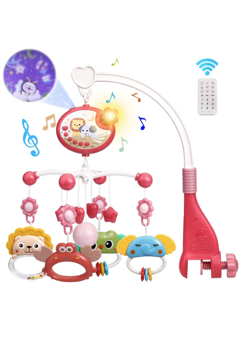 Baby Crib Mobile with Music and Lights,360°Rotation Remote Control Musical Mobile for Crib with 400 Lullabies,Projection Night Light and Chewable Rattle Toy