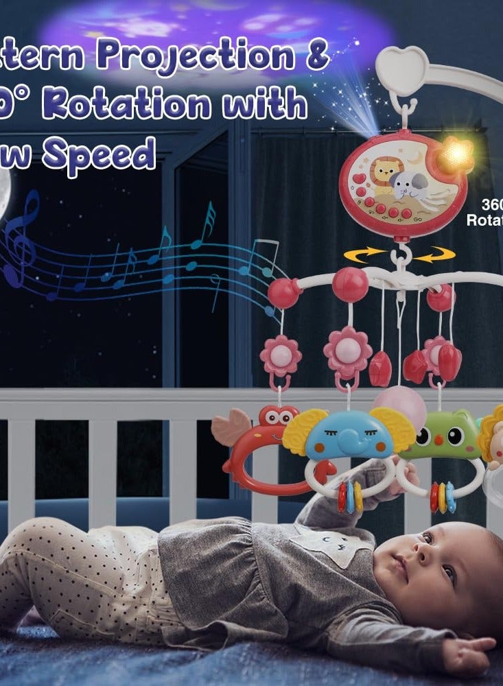 Baby Crib Mobile with Music and Lights,360°Rotation Remote Control Musical Mobile for Crib with 400 Lullabies,Projection Night Light and Chewable Rattle Toy