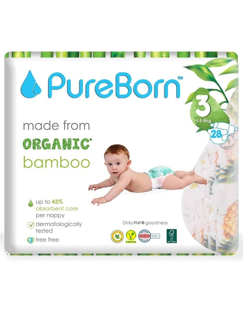 Pureborn Organic Bamboo Baby Diapers, Size 3, 28 pc