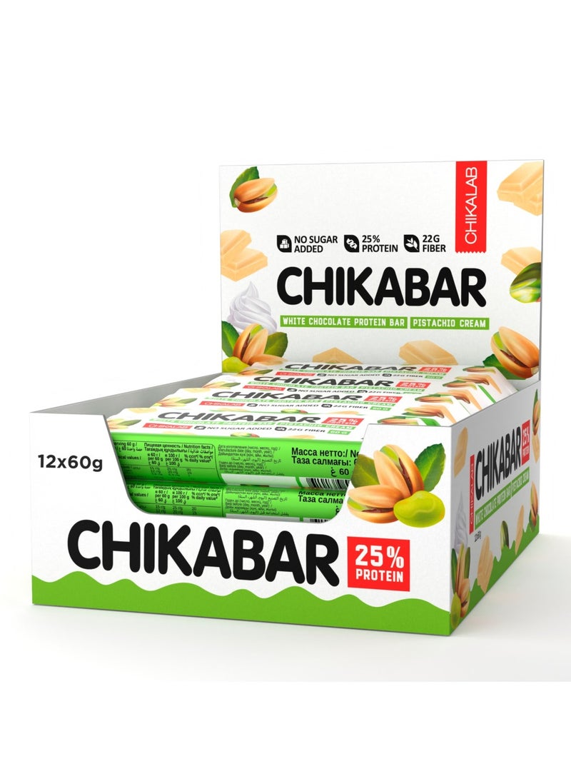 Chikalab Chikabar Protein Bar, 25% Protein, 22gm Fiber, No Added Sugar, White Chocolate Protein Bar with Pistachio Cream - Box of 12 Bars
