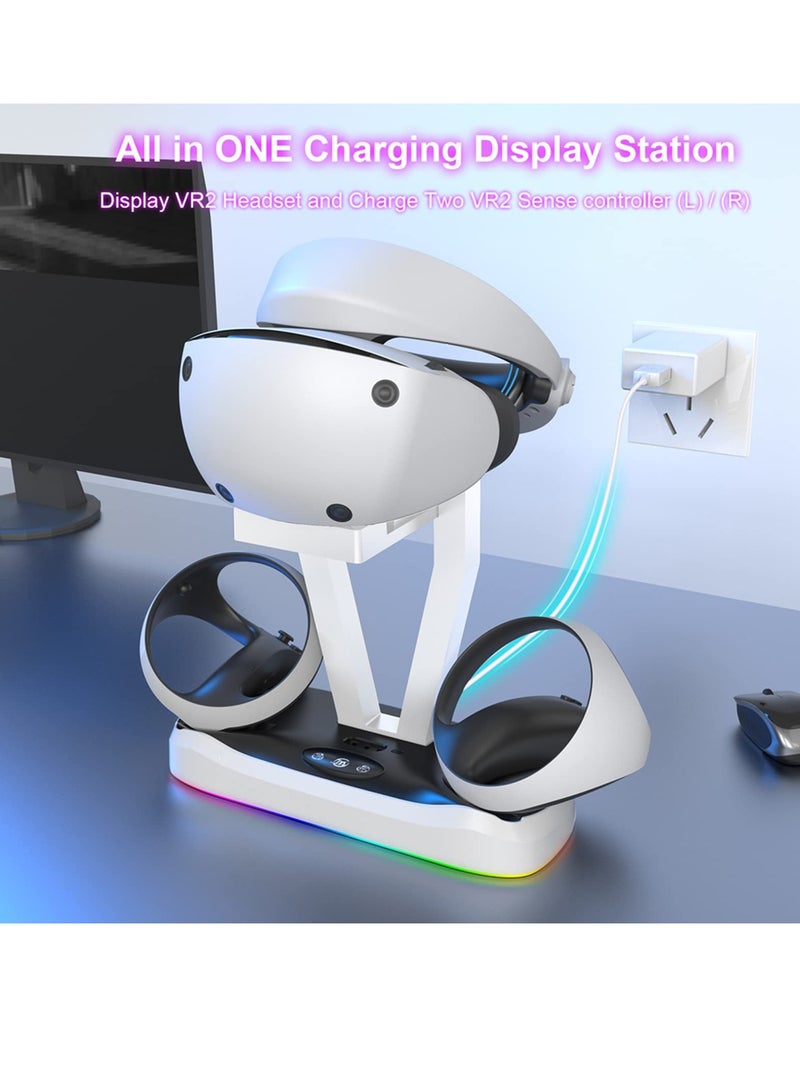 Controller Charging Dock for PS5 VR2, PSVR 2 Charging Station with VR Headset Holder Display Stand, with Led Light, Headset Display Shelf, USB to Type-C Cable (White)