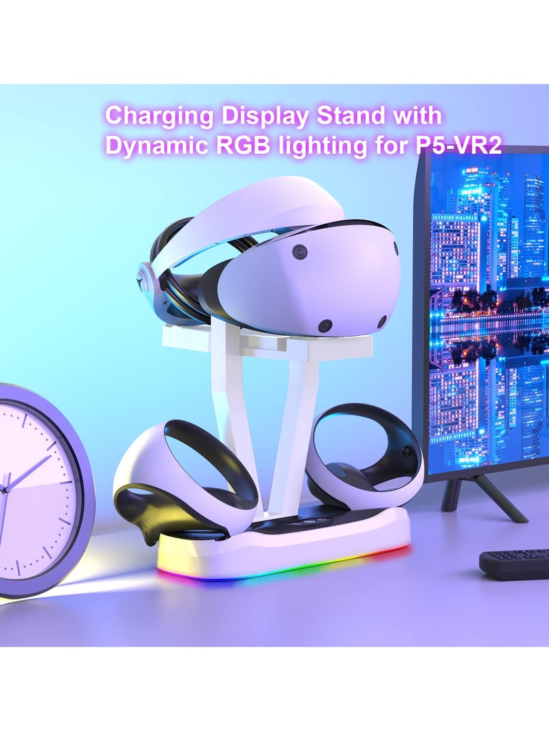 Controller Charging Dock for PS5 VR2, PSVR 2 Charging Station with VR Headset Holder Display Stand, with Led Light, Headset Display Shelf, USB to Type-C Cable (White)