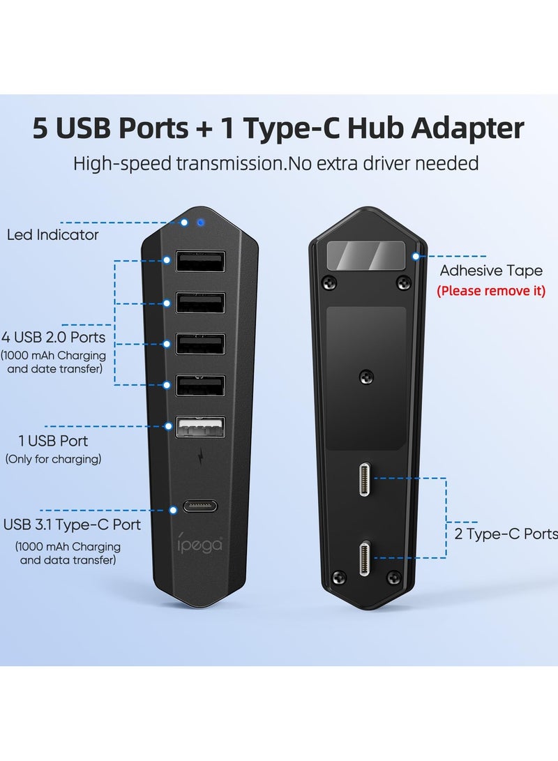 6 Ports USB Hub, USB Hub for PS5 Slim, High-Speed USB Port Expander Adapter, for PS5 Slim Accessories, Charging Adapter for PS5 Slim with 1 Type C 3.0 + 4 USB-A 2.0 + 1 Port