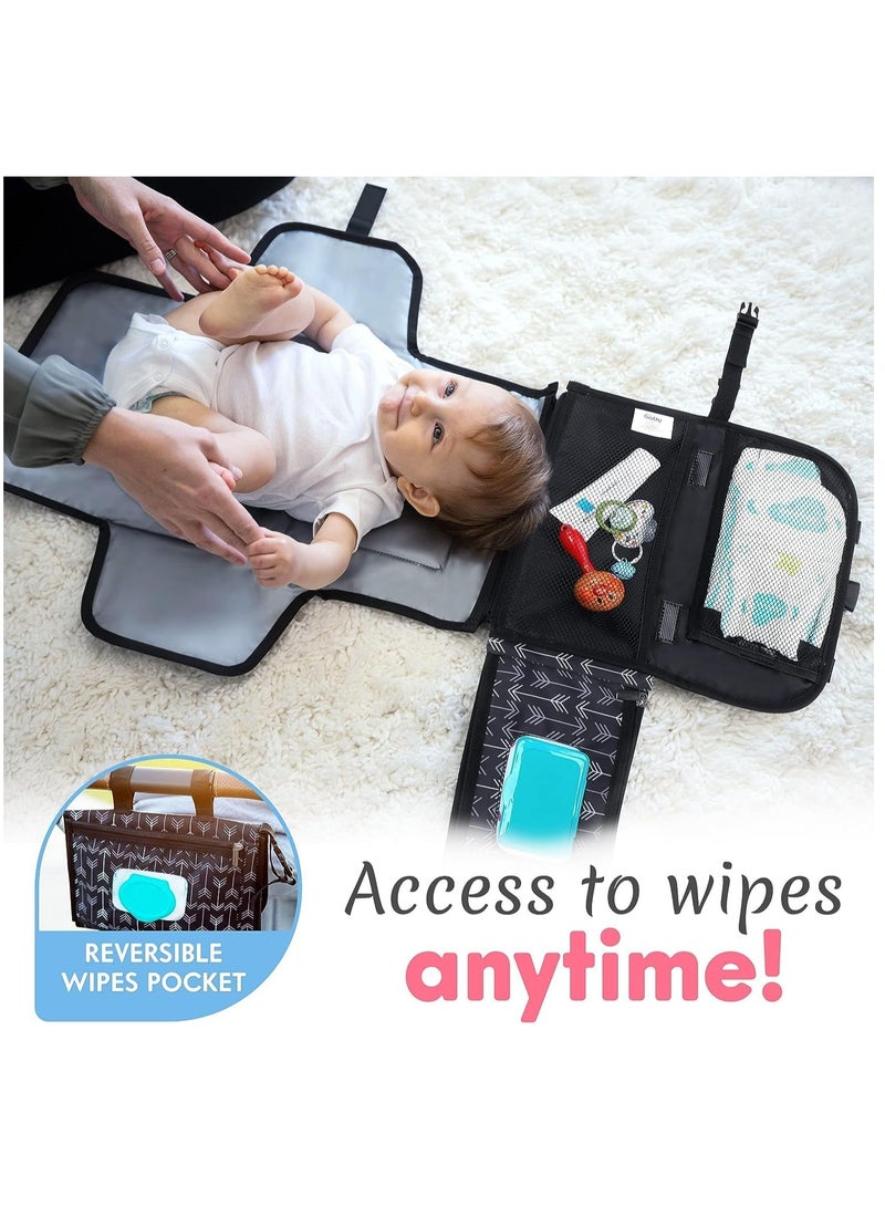 Portable Diaper Changing Pad, Baby Changing pad for Newborn Girl and Boy Smart Wipes Pocket, Waterproof Travel Changing Kit Black Arrows