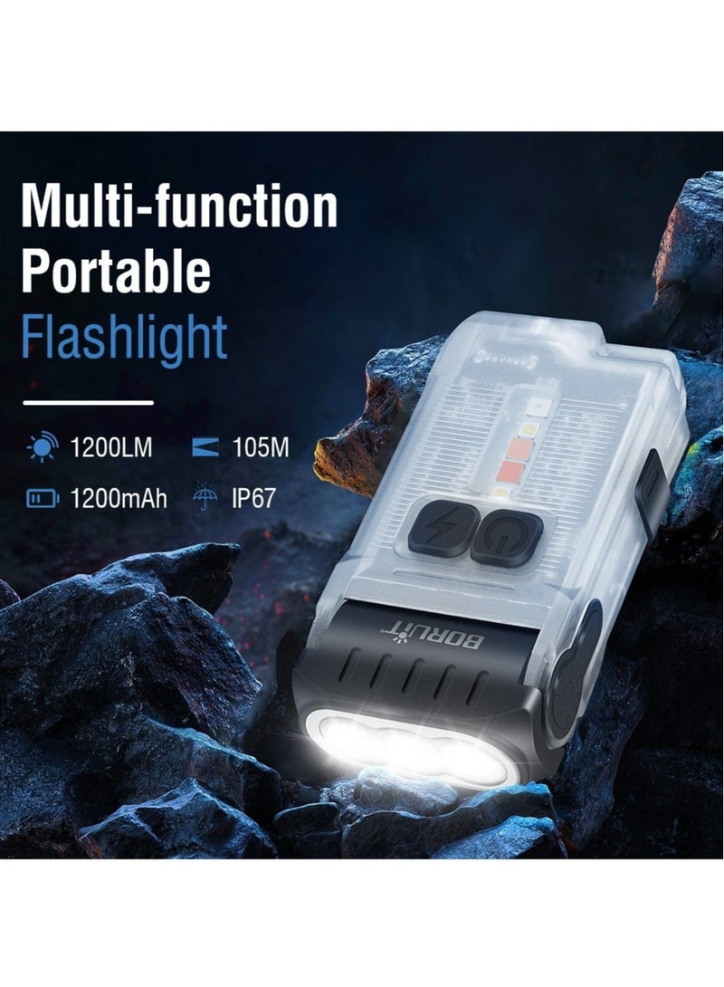 V15 LED Keychain EDC Fluorescence Flashlight Clip Warm Work Light Type-C Rechargeable Torch Magnet Camping Pocket Lantern (White)