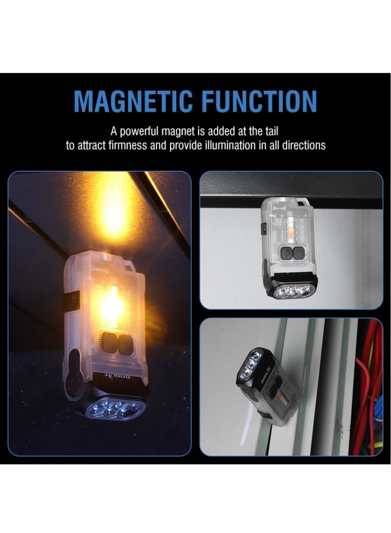 V15 LED Keychain EDC Fluorescence Flashlight Clip Warm Work Light Type-C Rechargeable Torch Magnet Camping Pocket Lantern (White)