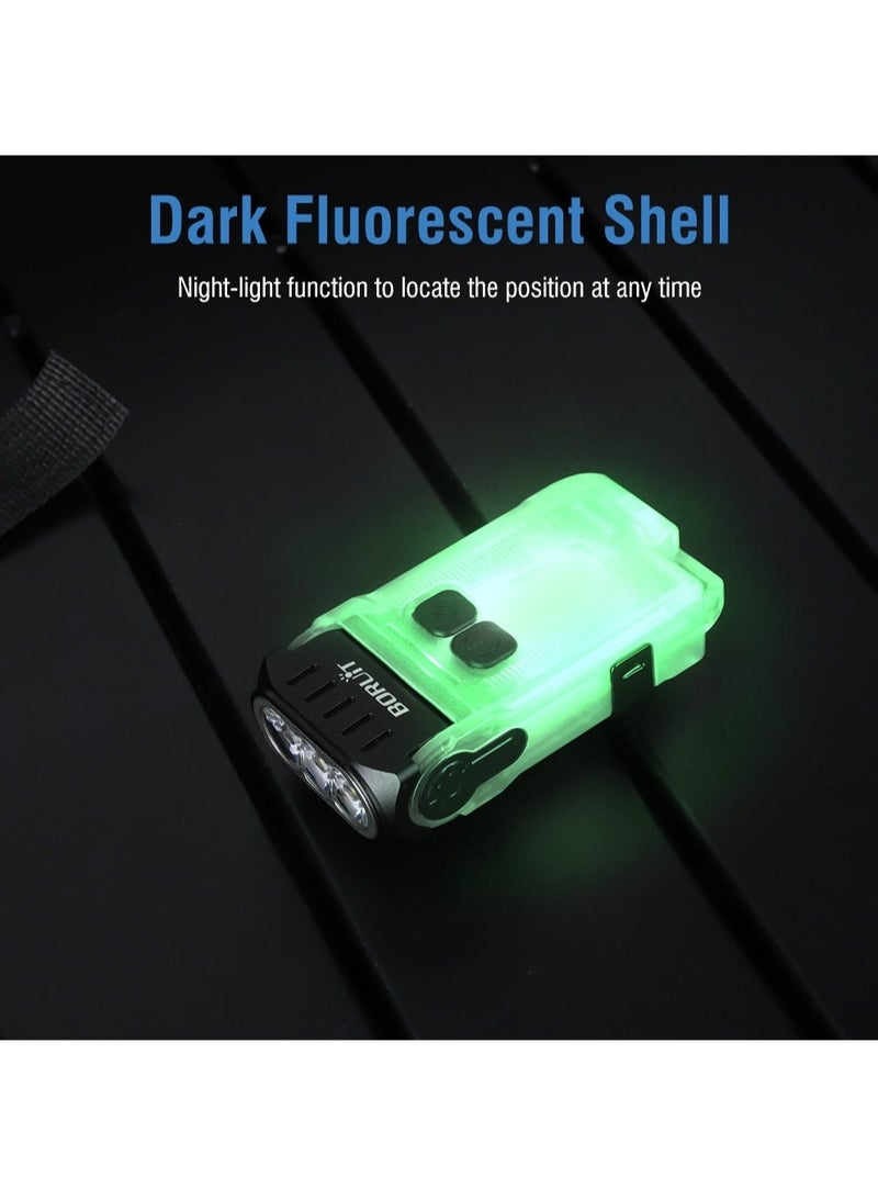 V15 LED Keychain EDC Fluorescence Flashlight Clip Warm Work Light Type-C Rechargeable Torch Magnet Camping Pocket Lantern (White)