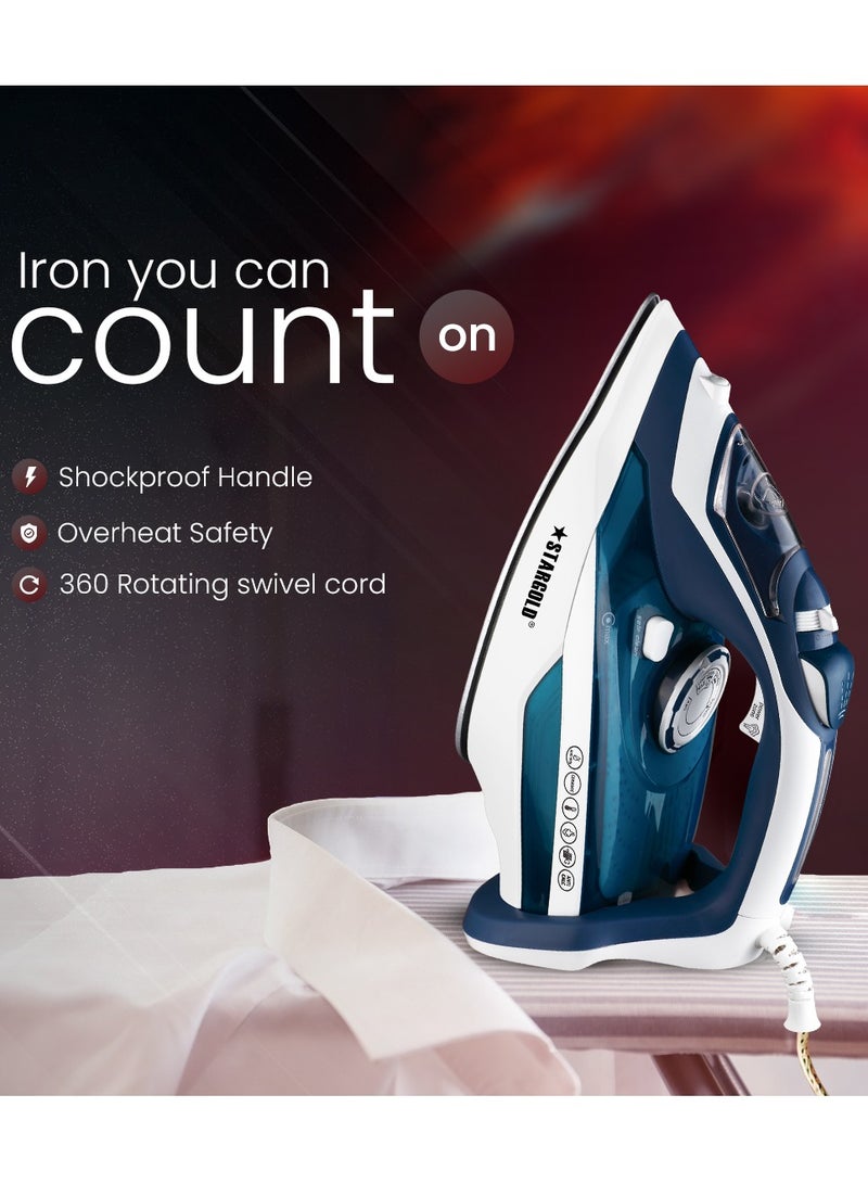 Dry and Wet Steam Iron With Self-clean function Adjustable Temperature Control Ceramic Soleplate 3000W Blue