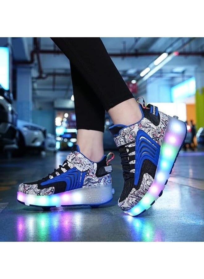 LED Flash Light Fashion Shiny Sneaker Skate Shoes With Wheels And Lightning Sole ,Blue ,Size 34