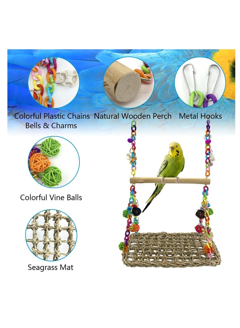 Bird Seagrass Swing Toys with Wood Perch Bird Parrot Trapeze Swing Seagrass Bird Climbing Hammock Bird Perch Stand Chewing Toy for Lovebird, Cockatiel, Budgie, Conure Parrotlet