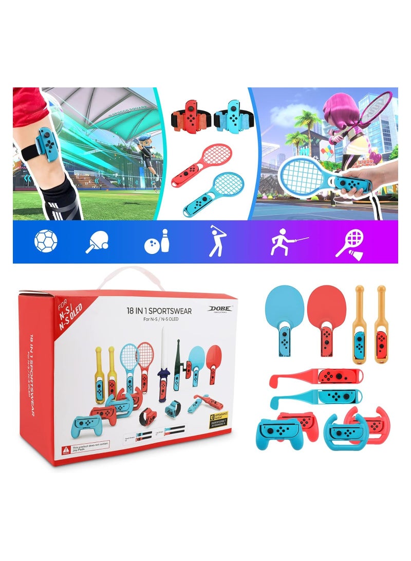 18 in 1 Switch Sport Accessories Set for N-S Sports Game DOBE Somatosensory Set Party Pack Game with Tennis Racket Controller Grips Racing Wheel Bandage Golf Club Wheels Drum Stick Fishing Rod