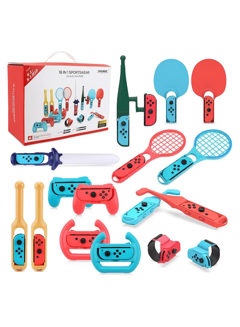 18 in 1 Switch Sport Accessories Set for N-S Sports Game DOBE Somatosensory Set Party Pack Game with Tennis Racket Controller Grips Racing Wheel Bandage Golf Club Wheels Drum Stick Fishing Rod