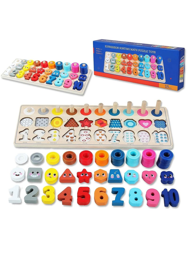 Wooden Number Puzzle Sorting, Wooden Montessori Toys for Toddlers, Preschool Educational Toys, Shape Sorter Counting Toys Stacker Stacking Game for Toddlers 1-3