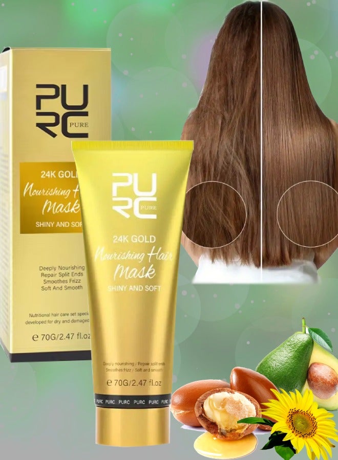 70g 24k Gold Nourishing Hair Mask Deeply Nourishing Repair Split Ends Soft and Smooths Frizz Hair Treatment Mask for Dry and Damaged Hair Moisturizing Nourishes Protect Keratin Hair Cream