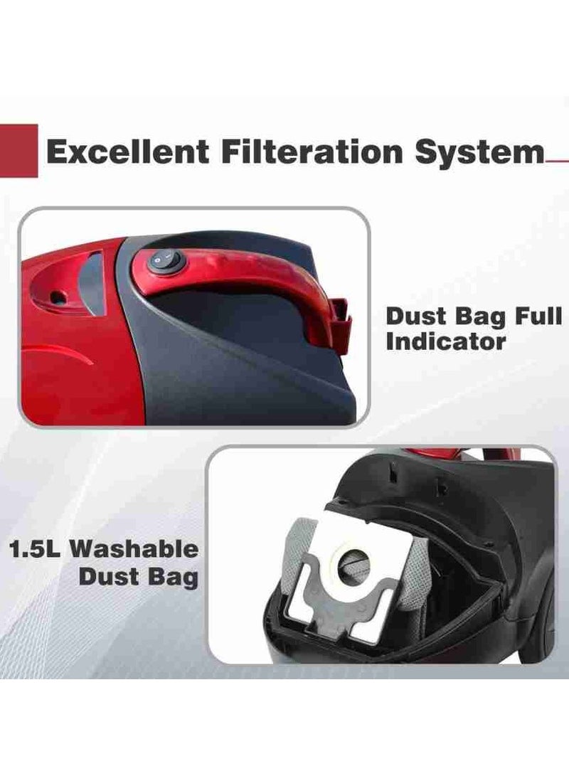 Vacuum Cleaner 1400W For Floor And Dust Cleaning Compact Design Corded With Multi Stage Filtration, Filter Full Indication, Sms Cloth Bag, Easy Carry Handle For Effortless Cleaning Color Red