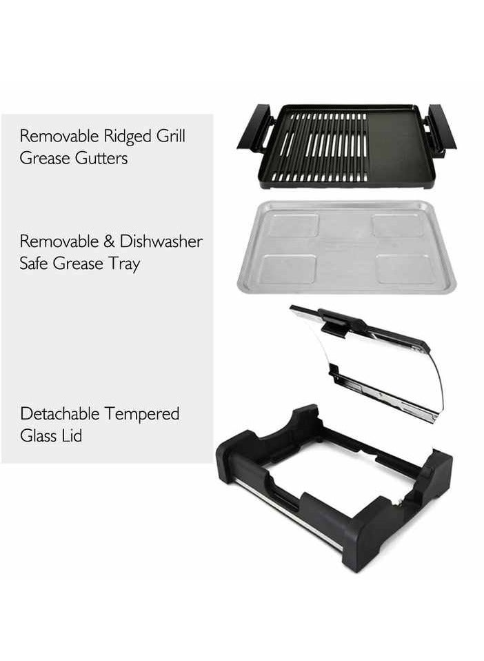 Electric Griller 1600W Berbeque Adjustable Thermostat Non Stick Smokeless Electric Grill Indoor With Glass Lid Overheat Protection & On Indicator Light, Black