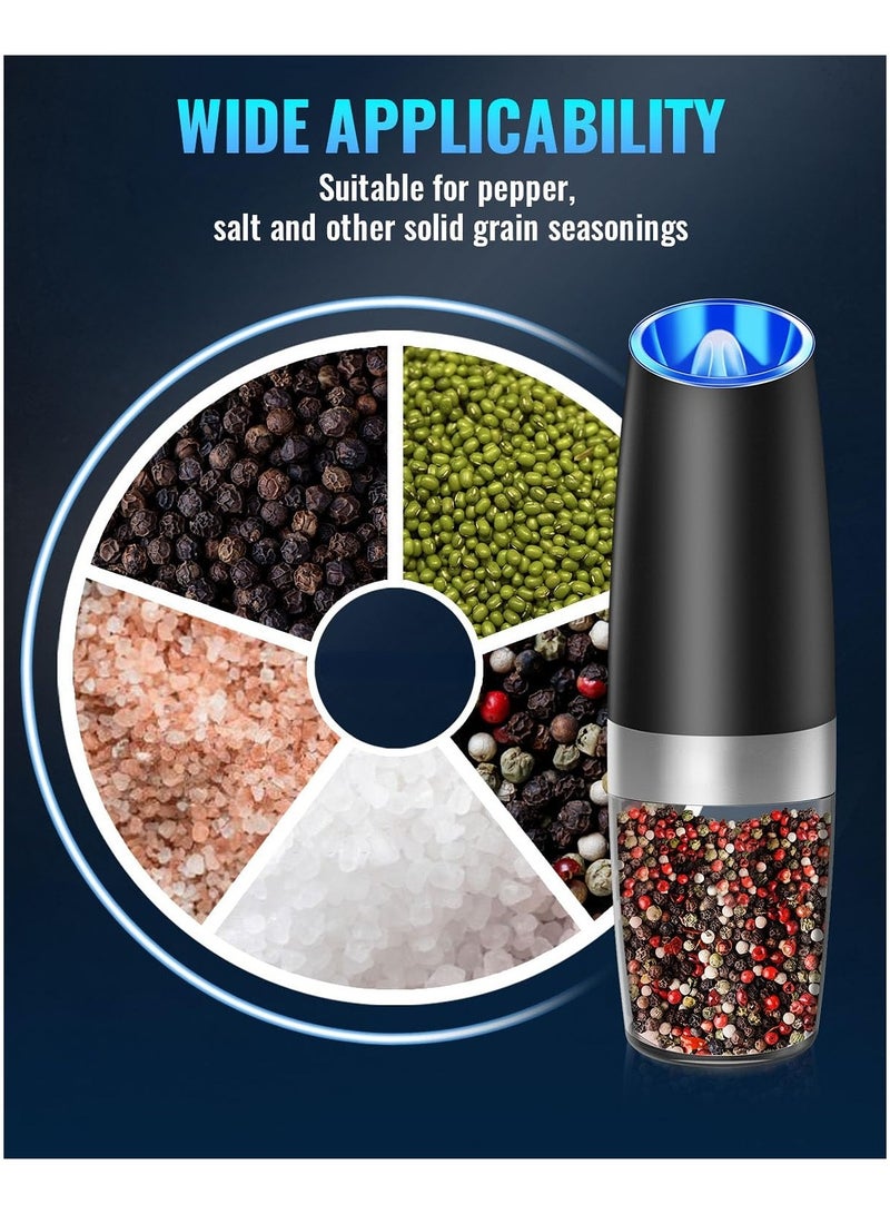 Gravity Electric Pepper and Salt Grinder Set, Adjustable Coarseness, Battery Powered with LED Light, One Hand Automatic Operation(Black, 2 Pack)