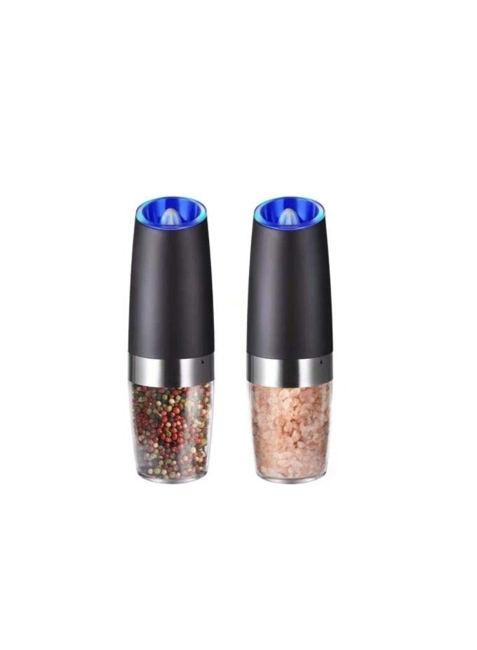 Gravity Electric Pepper and Salt Grinder Set, Adjustable Coarseness, Battery Powered with LED Light, One Hand Automatic Operation(Black, 2 Pack)