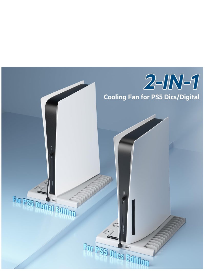 PS5 Vertical Stand with Cooling Fan, Multifunctional Stand for Playstation 5 PS5 Console Stand with Cooling Fan and Dual Controller Chargers 15 Game Slots (Disc Digital Edition)