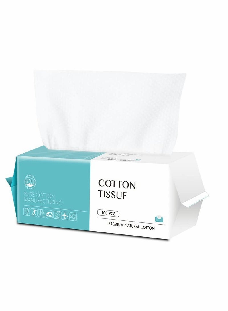 Cotton Facial Dry Wipes 100 Count, Deeply Cleansing Face Towel, Multi-Purpose for Skin Care, Make-up Wipes, Face Wipes and Face Towel Super Soft Cotton Tissue Dry Wet Dual Use Cotton, Facial Tissue