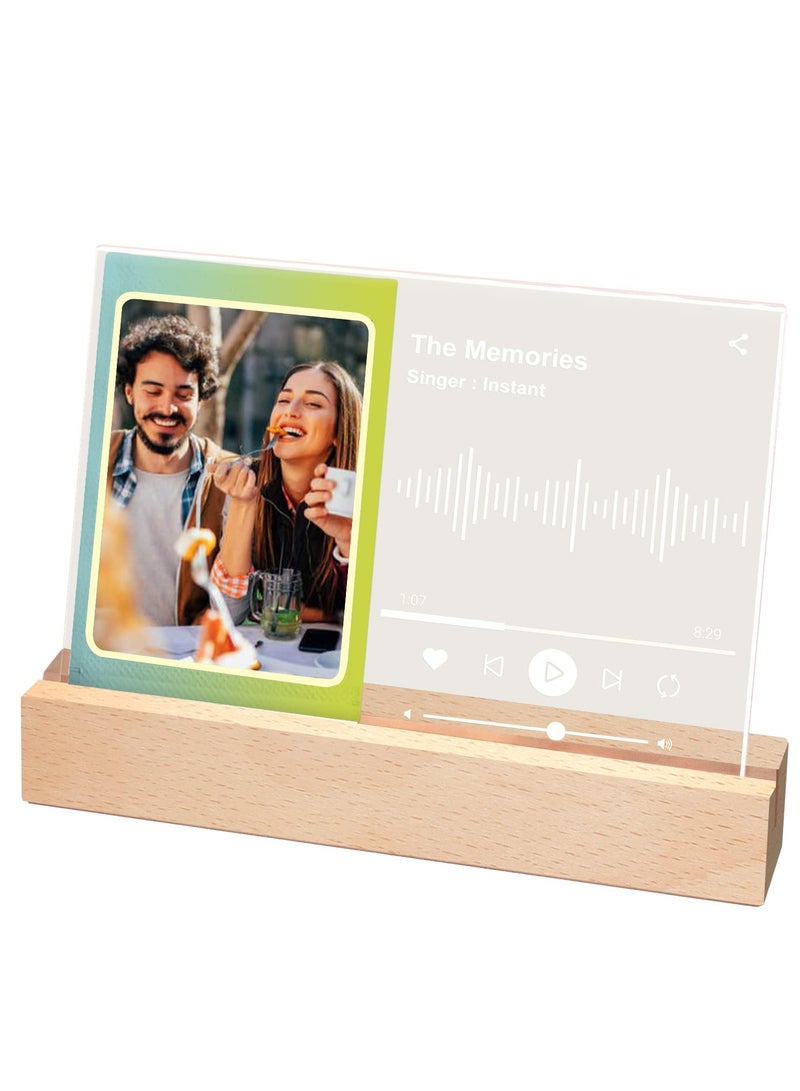 Music Player Style Wood Acrylic 3 Inch Photo Frame with LED, Instax Mini Picture Frame 2 x 3 Polaroid Frame for Mini 11/9/8/7/EVO, Night Light Tabletop Desktop Frame with DIY Letter Stickers