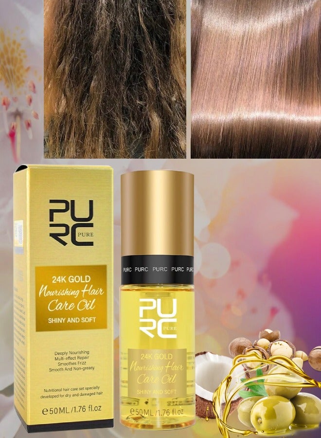 50ml 24k Gold Nourishing Hair Care Oil Shiny Soft Deeply Nourishing Multi Effect Repair Hair Oil with 24k Gold Argon Oil Coconut Oil Olive Oil Hair Care Oil for Dry and Damaged Hair Serum