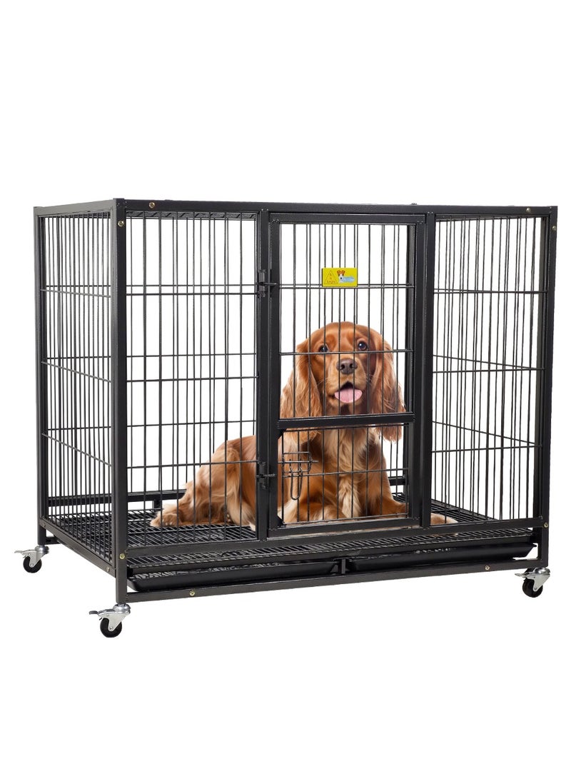 Dog cage, Heavy-duty dog crate cage for medium and large dogs, Indoor and outdoor dog cage with Lockable wheels, Plastic tray, and Feeding door, 110 cm Large dog cage (Black)