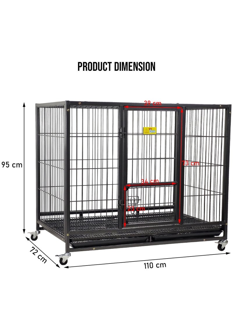 Dog cage, Heavy-duty dog crate cage for medium and large dogs, Indoor and outdoor dog cage with Lockable wheels, Plastic tray, and Feeding door, 110 cm Large dog cage (Black)