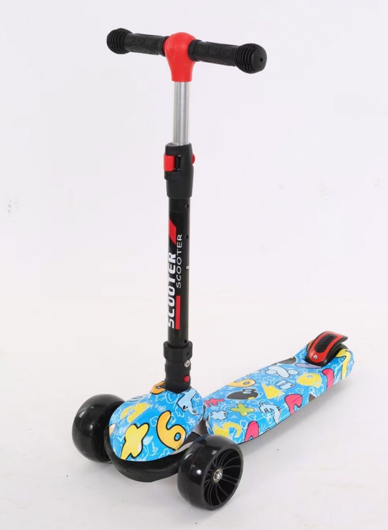 Foldable 3-Wheel Scooter Adjustable Height Suitable with Flash Wheel Light Music for Kids Aged 3-12 Years Old Blue Letters