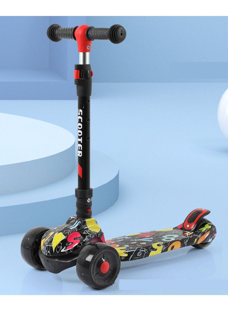 Foldable 3-Wheel Scooter Adjustable Height Suitable with Flash Wheel Light Music for Kids Aged 3-12 Years Old Black Letters