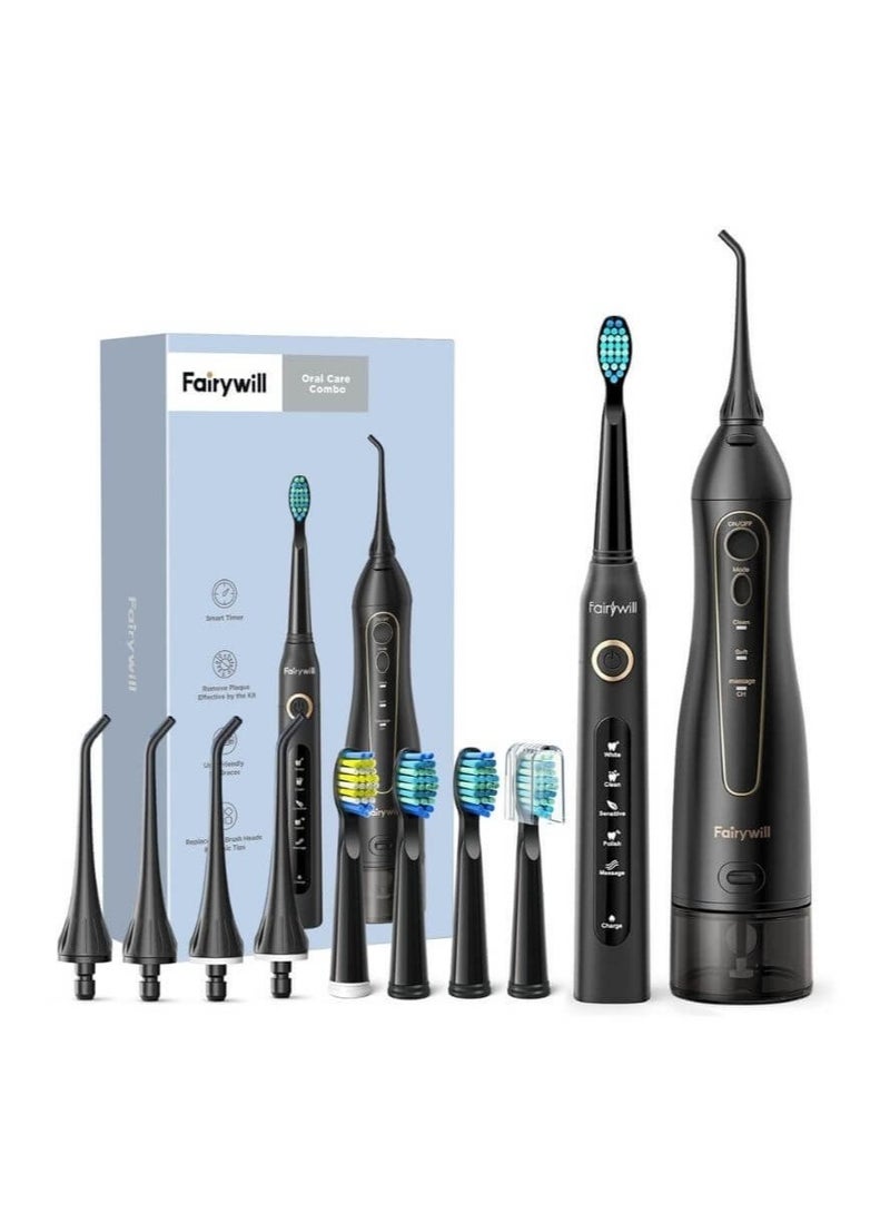 Fairywill Intelligent Ultrasonic Toothbrush And Oral Irrigator Water Flosser Oral Care Combo Pack BLack
