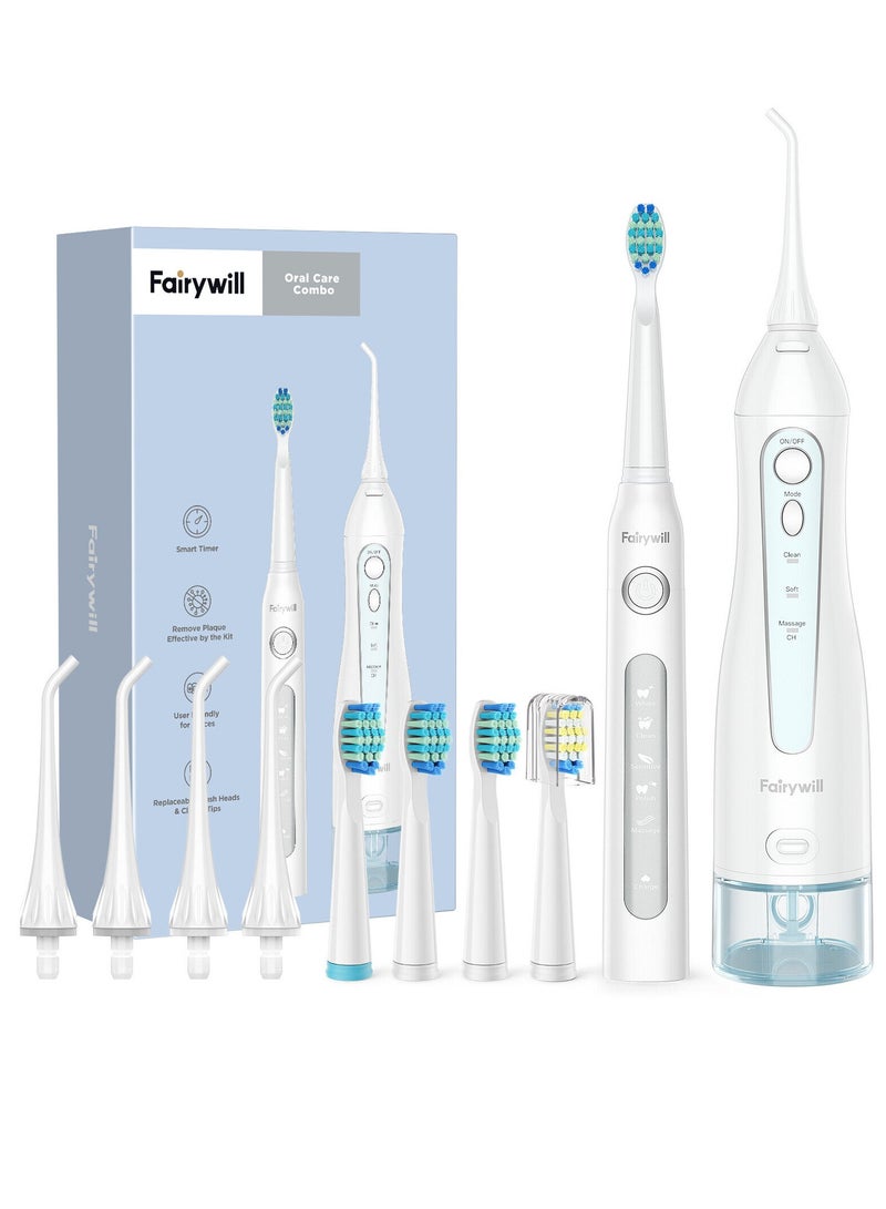 Intelligent Ultrasonic Toothbrush And Oral Irrigator Water Flosser Oral Care Combo Pack USB Rechargeable 3 Modes 300ML 9 Piece White