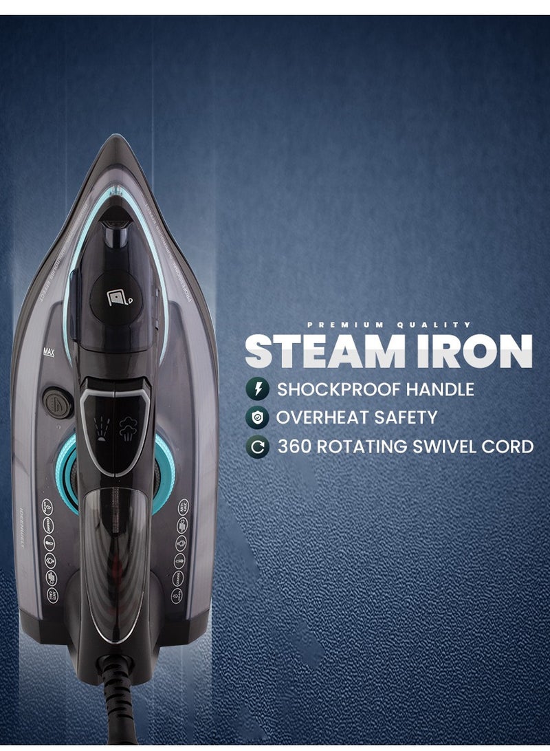 Dry and Wet Steam Iron With Self-clean function Adjustable Temperature Control Ceramic Soleplate 2200W Black 978