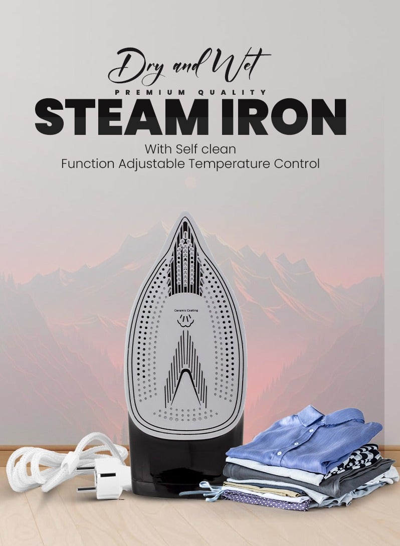 Dry and Wet Steam Iron With Self-clean function Adjustable Temperature Control Ceramic Soleplate 2200W Black 978