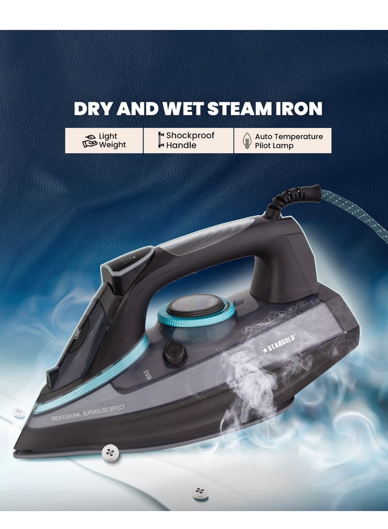 Dry and Wet Steam Iron With Self-clean function Adjustable Temperature Control Ceramic Soleplate 2200W Black 978