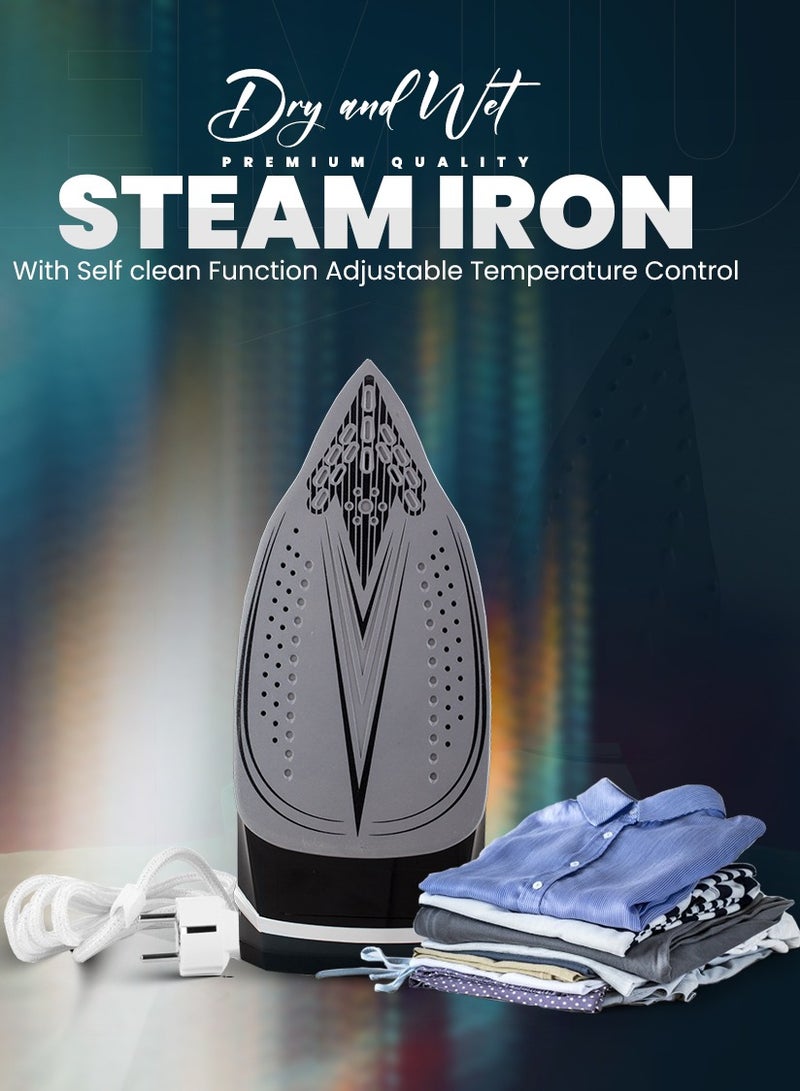 Dry and Wet Steam Iron With Self-clean function Adjustable Temperature Control Ceramic Soleplate 2200W Black