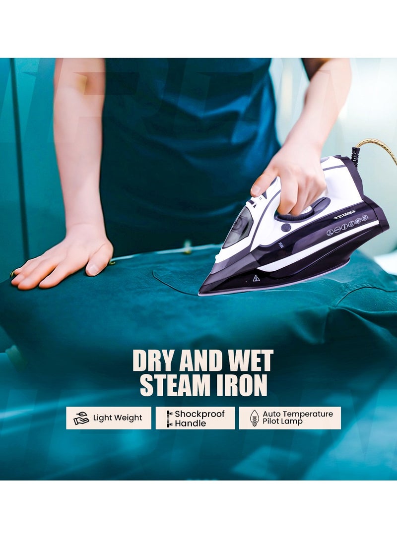 Dry and Wet Steam Iron With Self-clean function Adjustable Temperature Control Ceramic Soleplate 2200W Black