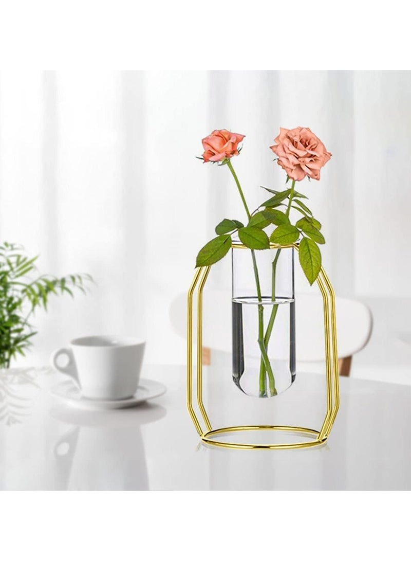 Glass Flower Vase, with Gold Metal Frame, Test Tube Vase for Hydroponic Plant, for Living Room Balcony Office Wedding Party and Flower Display, Flower Arrangement, Desktop Ornaments