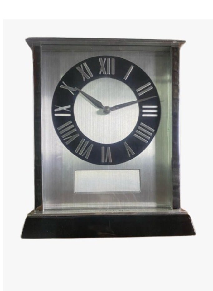 Glass Table Desk Clock with Gold Brass Columns Mounted Wood Base