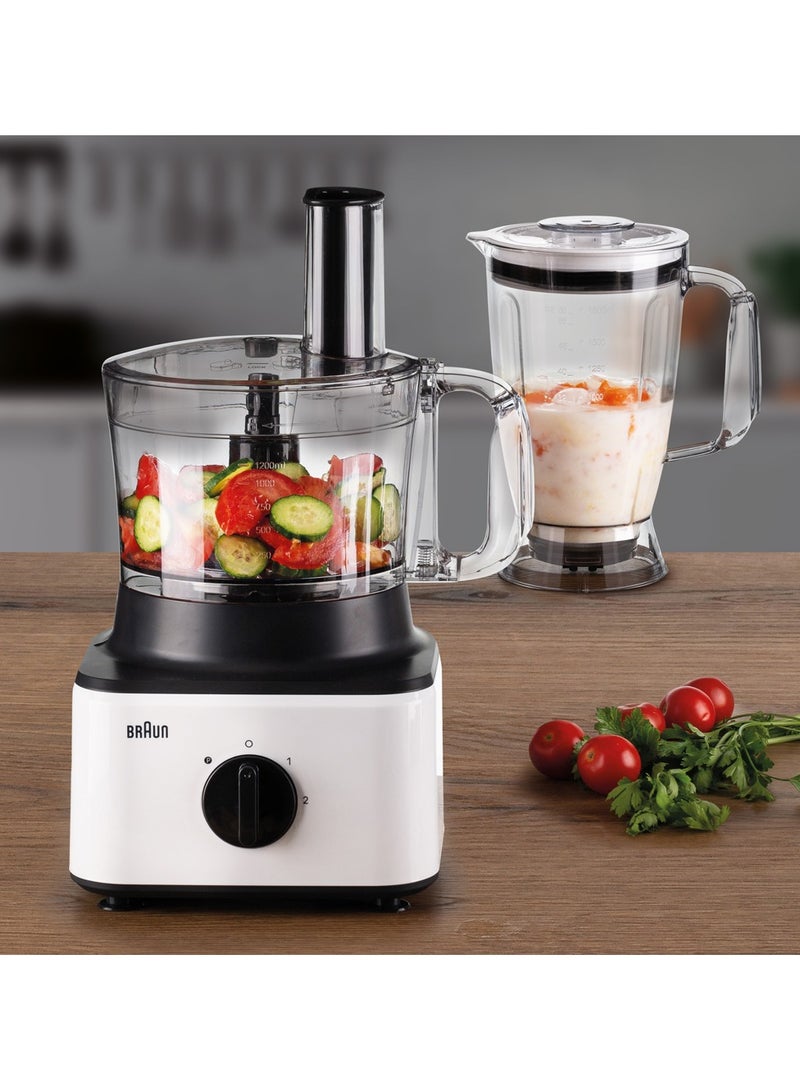 Food Processor 8 in 1, 2 Speeds, Pulse Function, 2.1L Capacity, 1.8L Blender, Slicing and Grating disc, Dough, Ice Crusher Blade, 2.1 L 750 W FP 0132 White