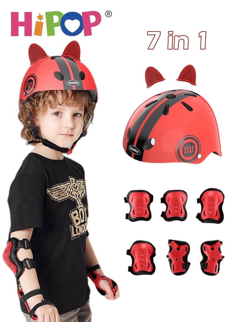 7 in 1 Kids Helmet of Scooter,Skateboard and Bike,Children Riding Protective Gear with Adjustable Function,Send Cat Ear Decoration,Children's Bicycle Protection Equipment 6-14 Age