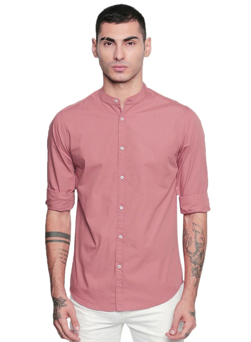 Men's Solid Chinese Collar Dusty Pink Casual Shirt (CC201_Dusty Pink_S)
