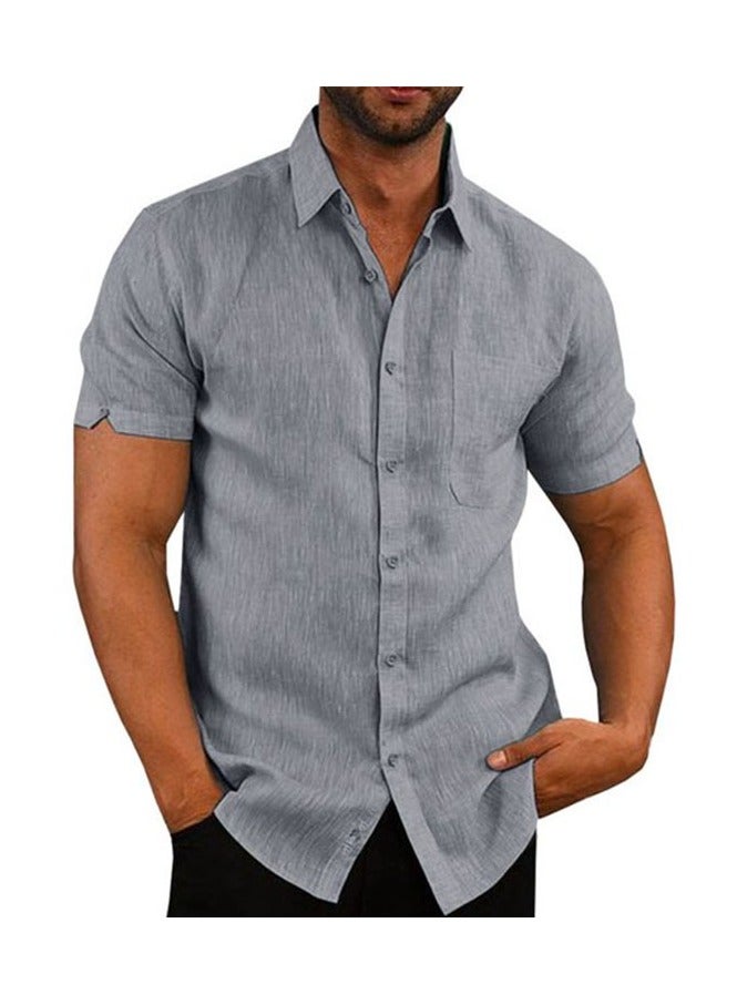 Men Casual Short Sleeve Turn Down Collar Single-breasted Office Shirt Grey