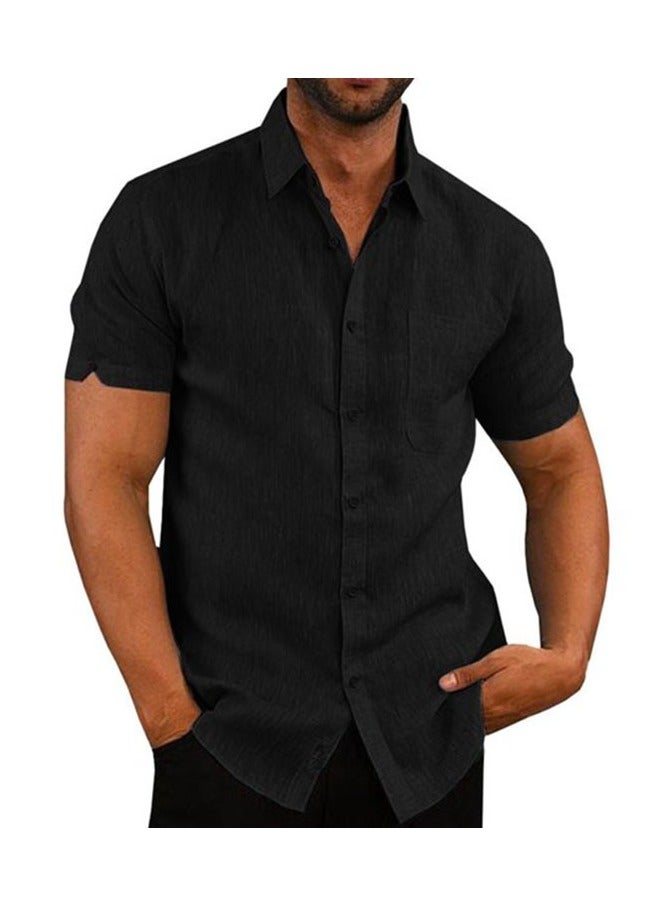 Men Casual Short Sleeve Turn Down Collar Single-breasted Office Shirt Black