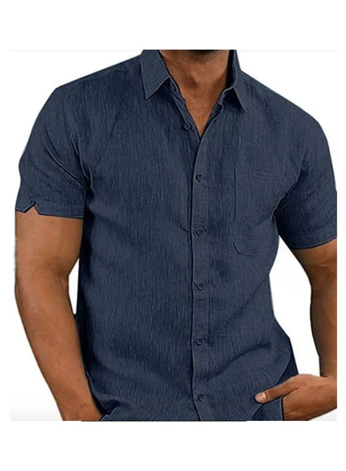 Men Casual Short Sleeve Turn Down Collar Single-breasted Office Shirt Navy Blue